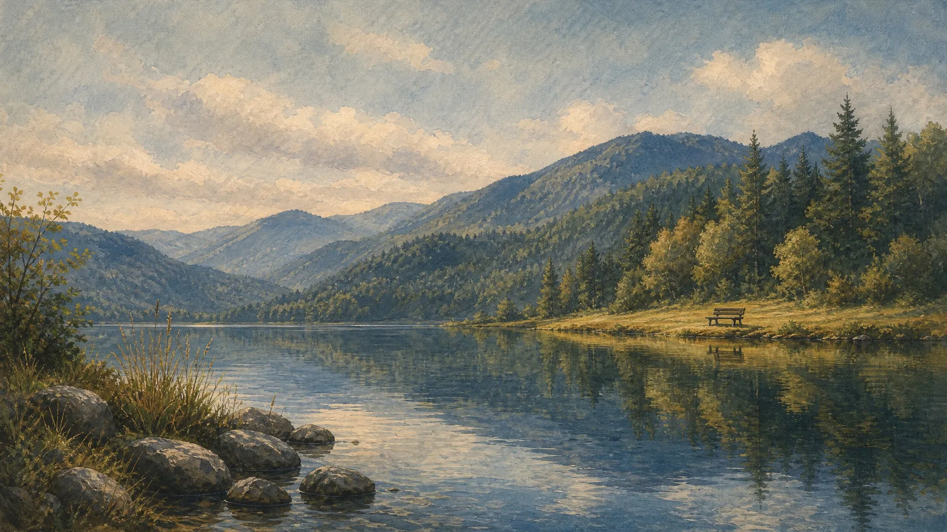 Gemalter Bergsee am Vormittag, am Ufer steht eine Holzbank unter Tannen, die Berge spiegeln sich im Wasser