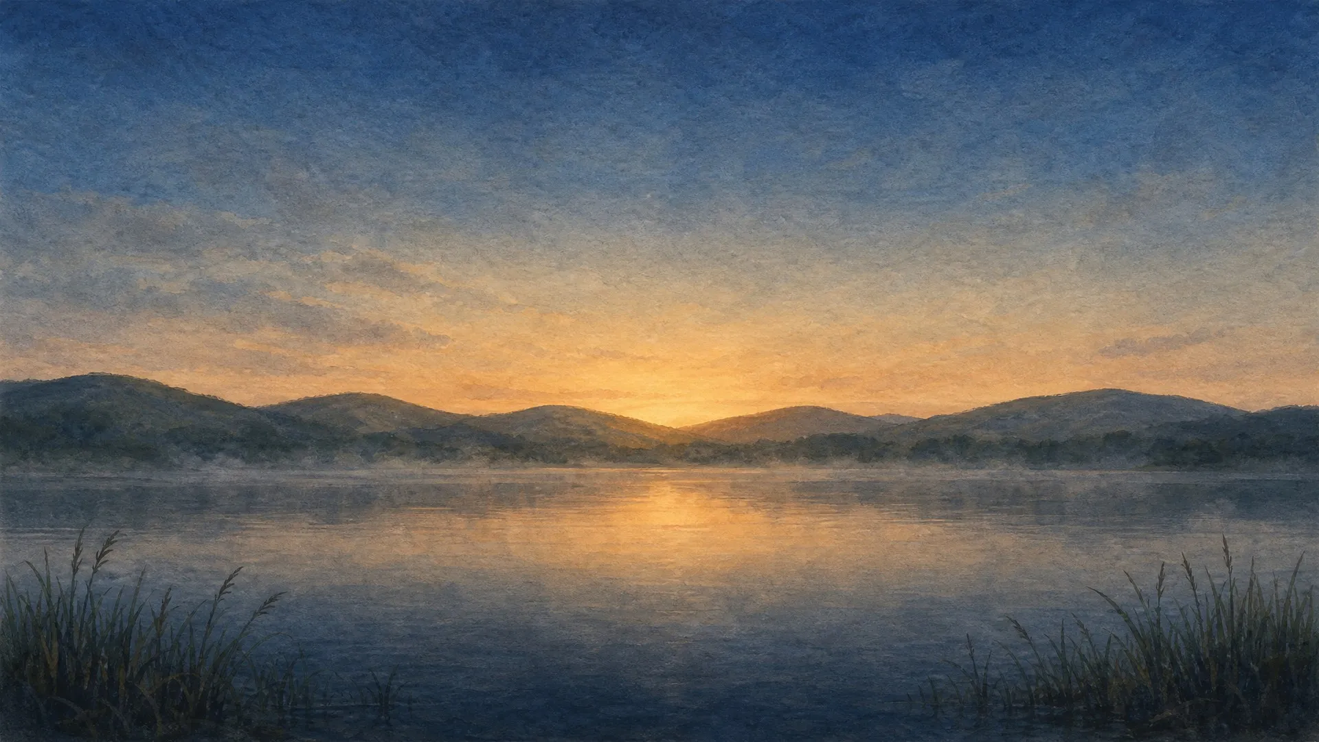 Gemalter See im Morgengrauen, hinter sanften Hügeln geht die Sonne auf und spiegelt sich im ruhigen Wasser